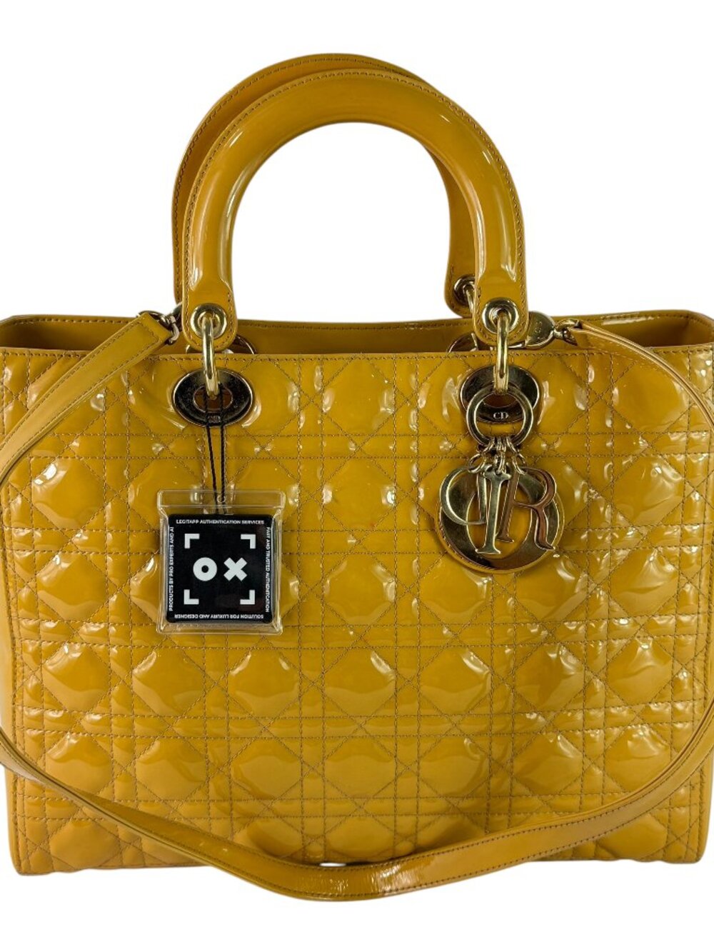 CHRISTIAN DIOR Lady Dior Yellow Quilted Patent Leather Satchel Shoulder Bag